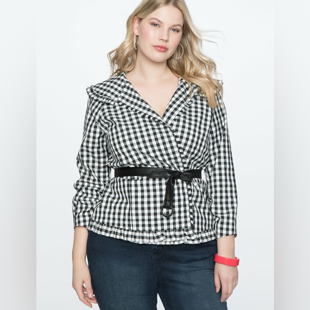 Womens Ruffle Fringe Trim Gingham Faux Leather Belted Jacket Feminine Office 20